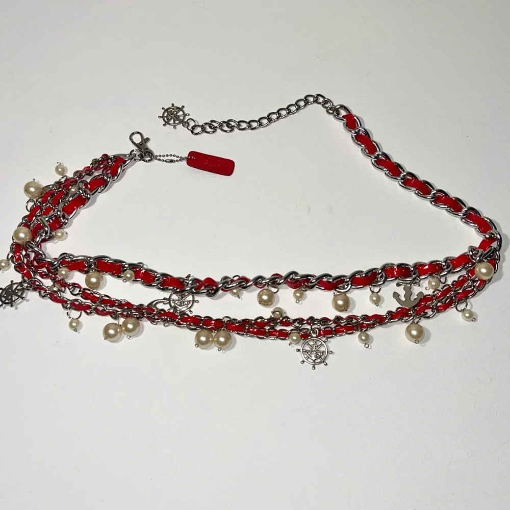 ⚓️Vintage Nautical Charm Silver Link Chain Red Leather Belt Anchor Rolfs